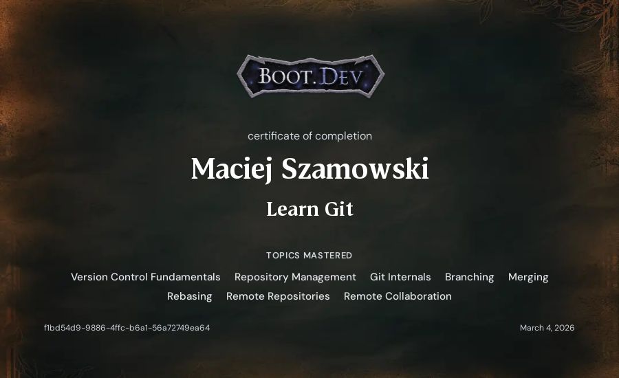 Maciej Szamowski's Boot.dev Learn Git certificate