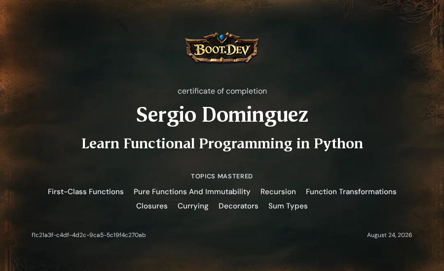 Sergio Dominguez's Boot.dev Learn Functional Programming in Python certificate