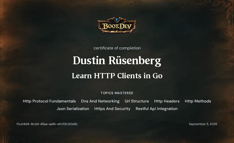 Dustin Rüsenberg's Boot.dev Learn HTTP Clients in Go certificate