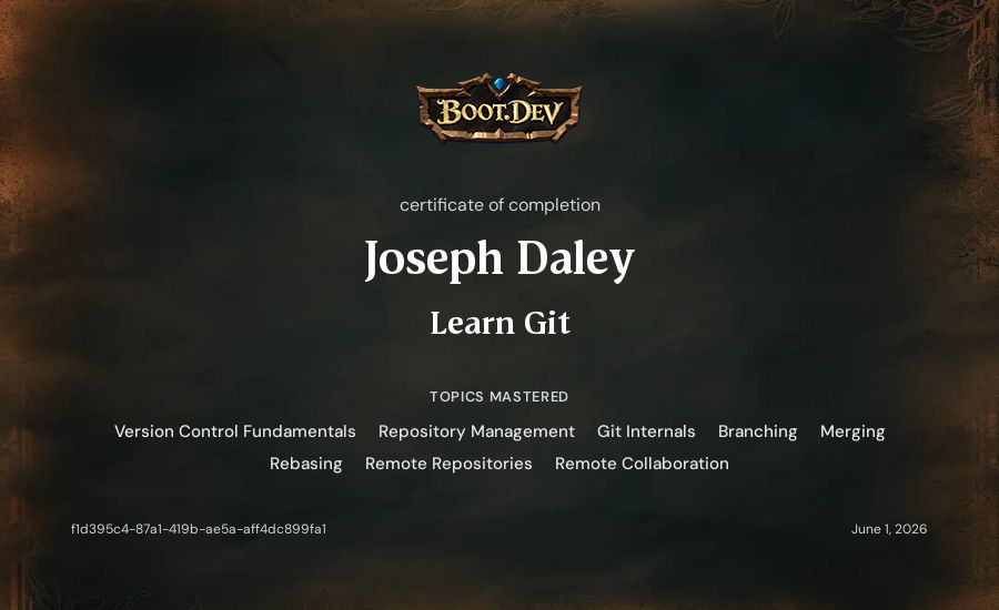 Joseph Daley's Boot.dev Learn Git certificate