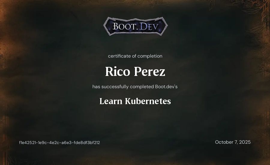Celeste Perez's Boot.dev Learn Kubernetes certificate