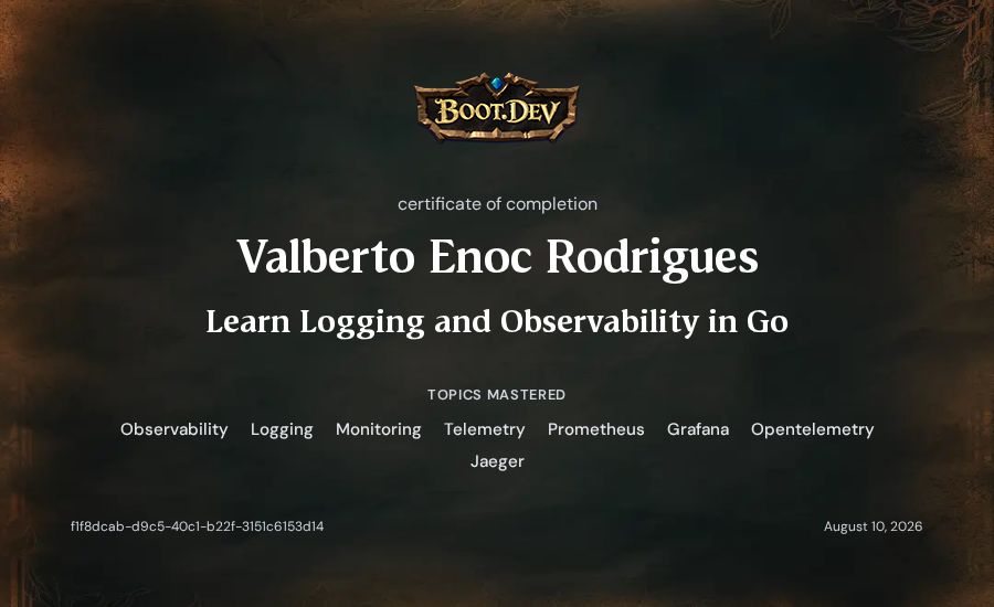 Valberto Enoc Rodrigues's Boot.dev Learn Logging and Observability in Go certificate