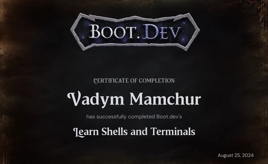 Vadym Mamchur's Boot.dev Learn Linux certificate