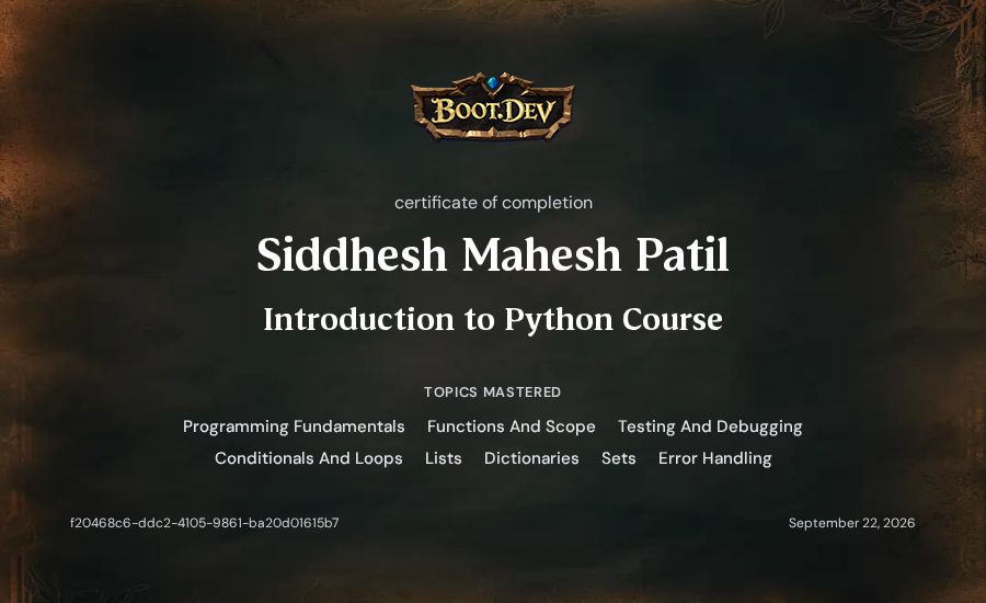 Siddhesh Mahesh Patil's Boot.dev Introduction to Python Course certificate