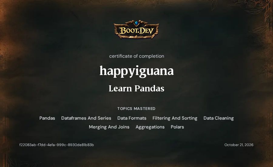 happyiguana's Boot.dev Learn Pandas certificate
