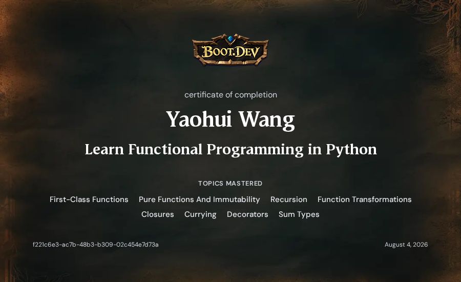 Yaohui Wang's Boot.dev Learn Functional Programming in Python certificate