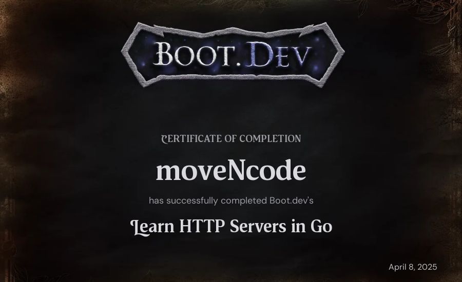 moveNcode's Boot.dev Learn HTTP Servers in Go certificate