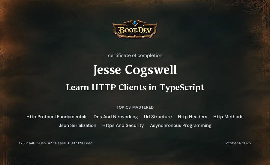 Jesse Cogswell's Boot.dev Learn HTTP Clients in TypeScript certificate