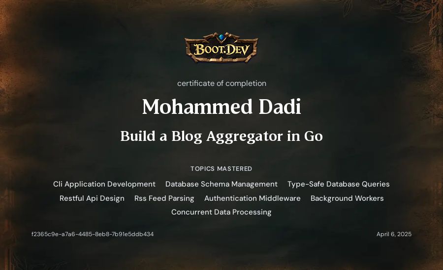 Mohammed Dadi's Boot.dev Build a Blog Aggregator in Go certificate