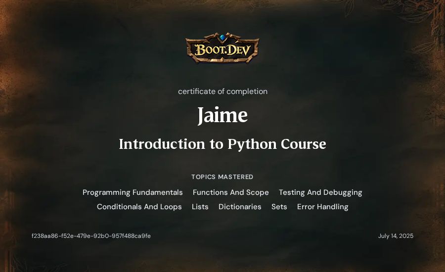 Jaime's Boot.dev Introduction to Python Course certificate