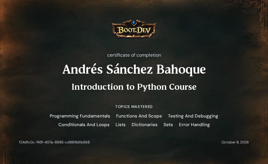 Andrés Sánchez Bahoque's Boot.dev Introduction to Python Course certificate