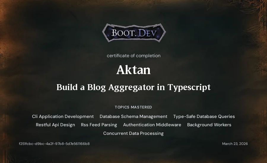 Aktan's Boot.dev Build a Blog Aggregator in TypeScript certificate