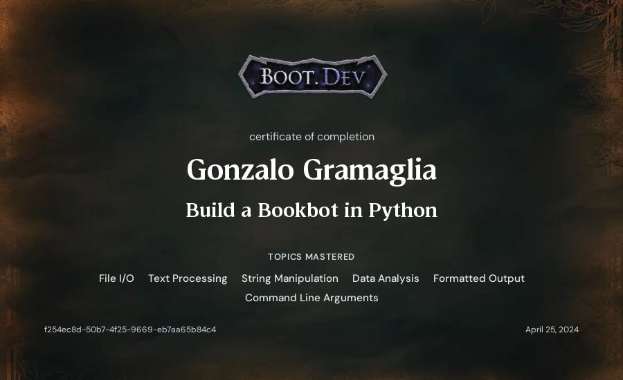 Gonzalo Gramaglia's Boot.dev Build a Bookbot in Python certificate