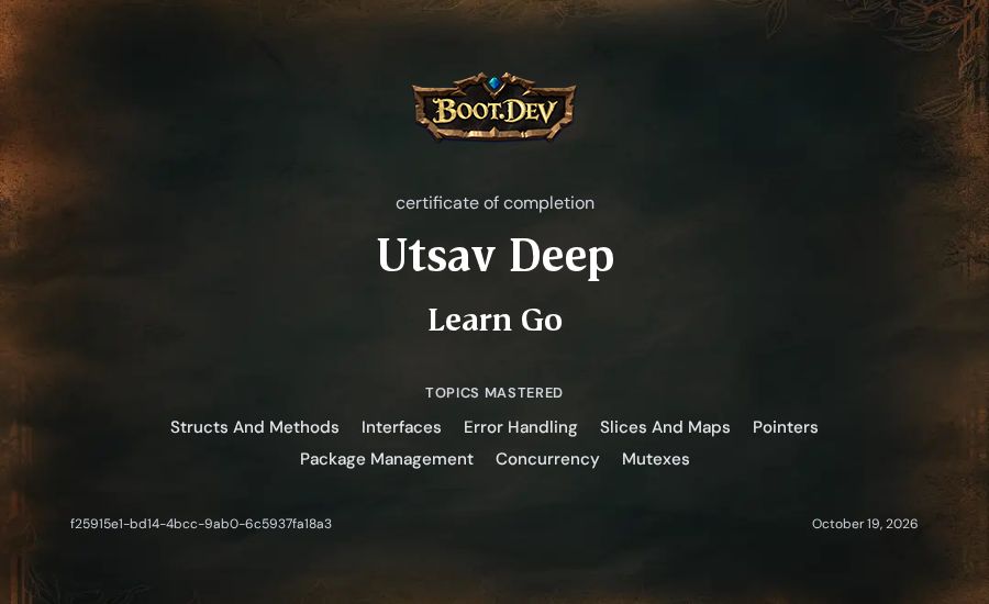 Utsav Deep's Boot.dev Learn Go certificate