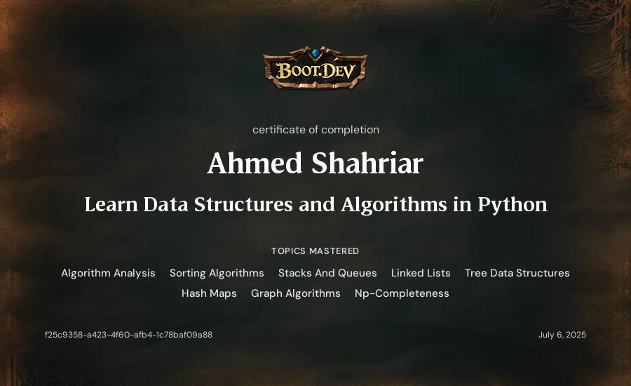 Ahmed Shahriar's Boot.dev Learn Data Structures and Algorithms in Python certificate