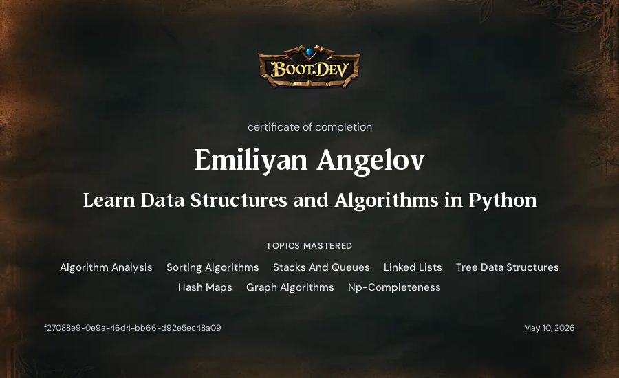 Emiliyan Angelov's Boot.dev Learn Data Structures and Algorithms in Python certificate