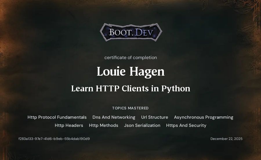 Louie Hagen's Boot.dev Learn HTTP Clients in Python certificate