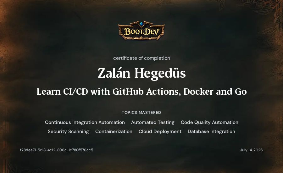 Zalán Hegedüs's Boot.dev Learn CI/CD with GitHub Actions, Docker and Go certificate
