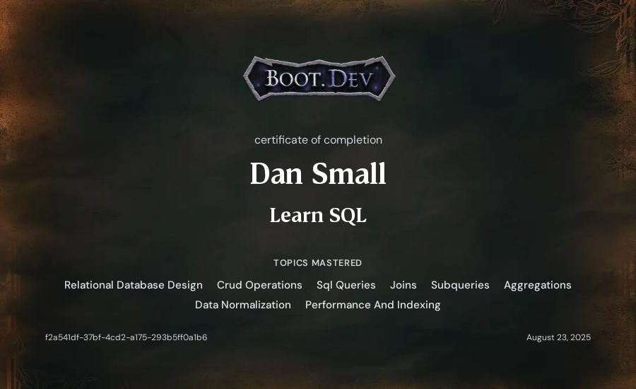 Dan Small's Boot.dev Learn SQL certificate
