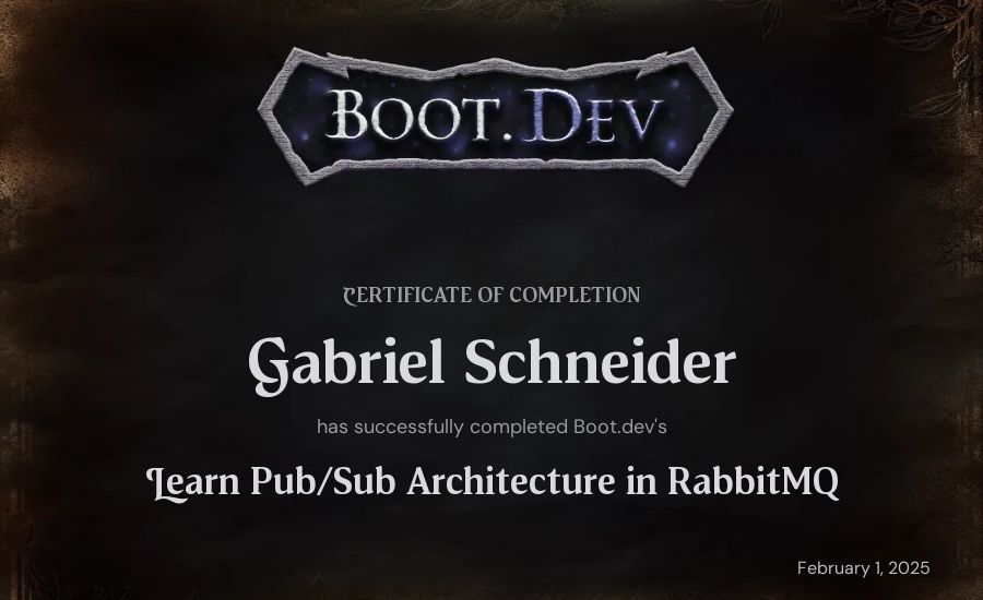 Gabriel Schneider's Boot.dev Learn Pub/Sub in RabbitMQ and Go certificate