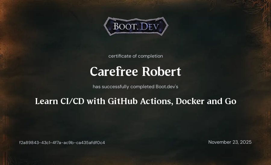 Carefree Robert's Boot.dev Learn CI/CD with GitHub Actions, Docker and Go certificate