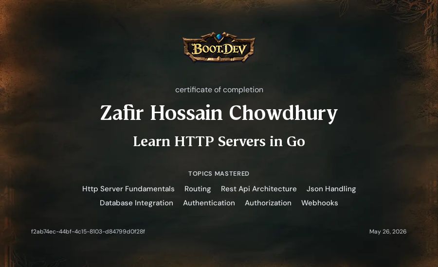 Zafir Hossain Chowdhury's Boot.dev Learn HTTP Servers in Go certificate