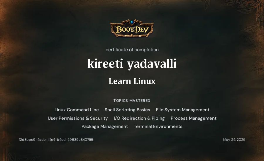 kireeti yadavalli's Boot.dev Learn Linux certificate