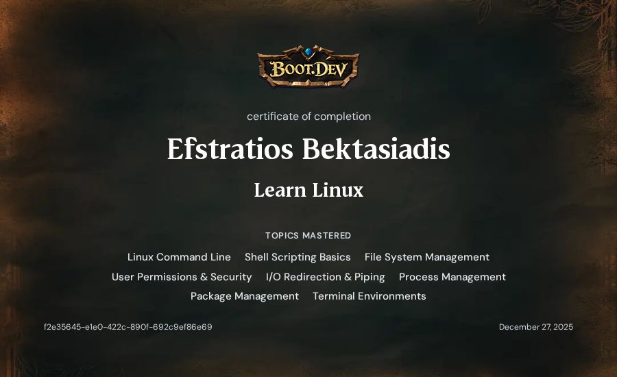 Efstratios Bektasiadis's Boot.dev Learn Linux certificate