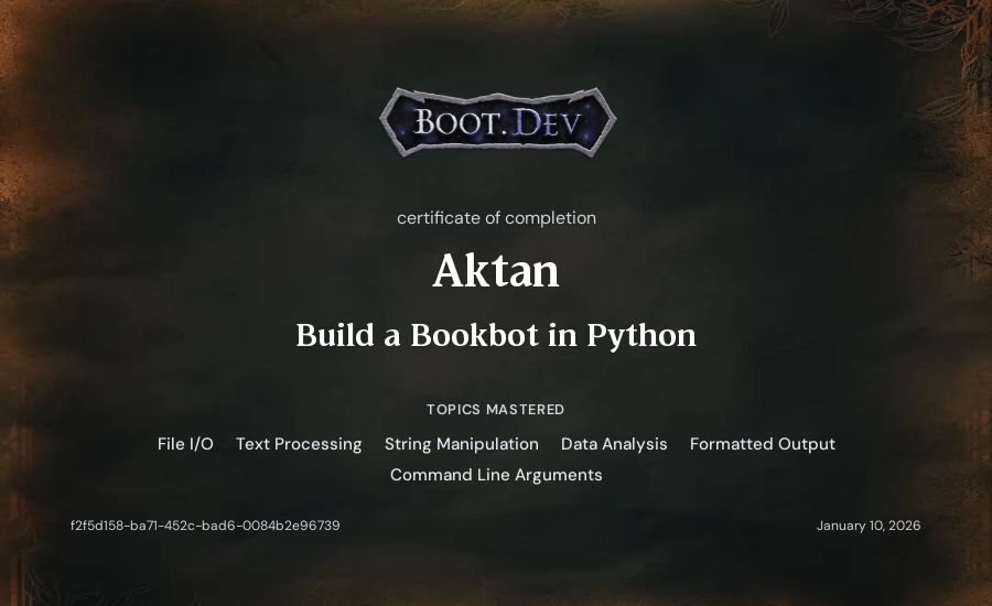 Aktan's Boot.dev Build a BookBot in Python certificate