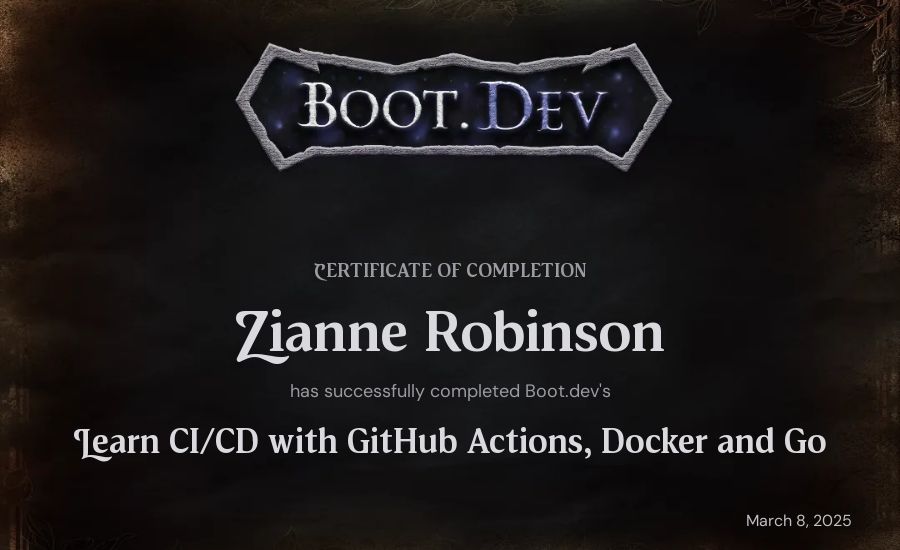 Zianne Robinson's Boot.dev Learn CI/CD with GitHub Actions, Docker and Go certificate