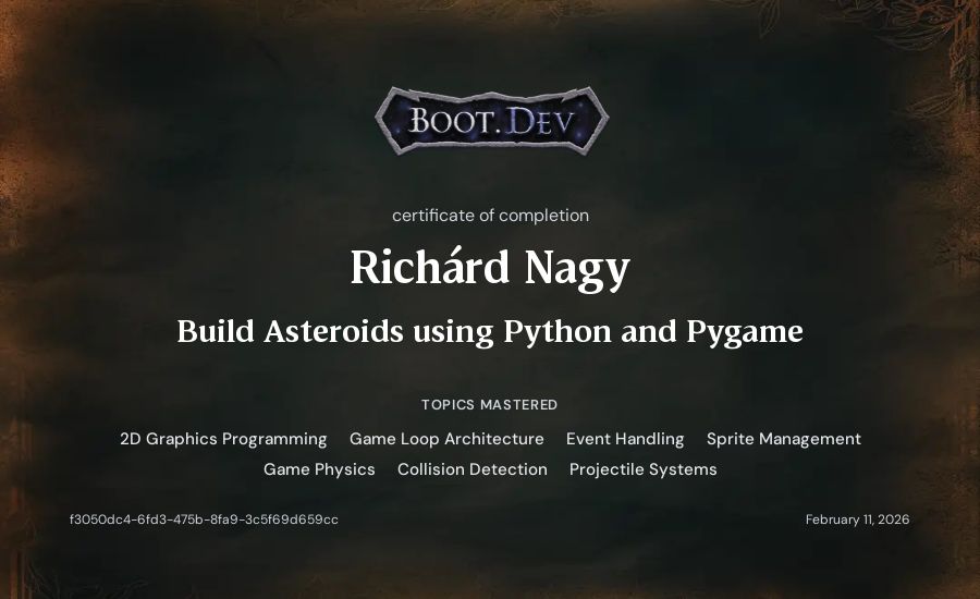 Richárd Nagy's Boot.dev Build Asteroids using Python and Pygame certificate