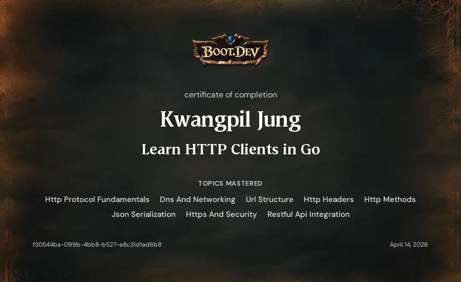 Kwangpil Jung's Boot.dev Learn HTTP Clients in Go certificate