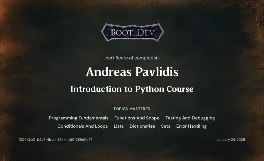Andreas Pavlidis's Boot.dev Introduction to Python Course certificate