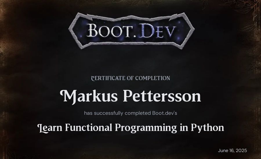 Markus Pettersson's Boot.dev Learn Functional Programming in Python certificate
