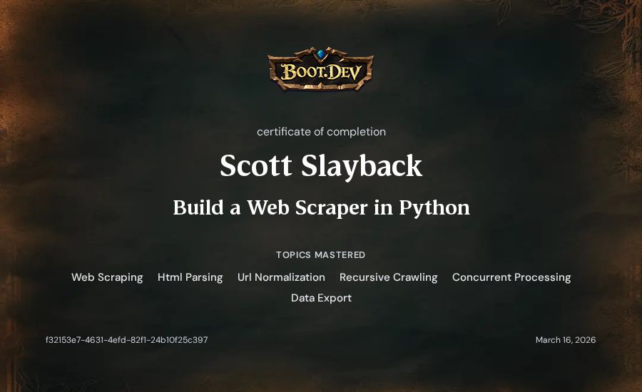 Scott Slayback's Boot.dev Build a Web Scraper in Python certificate