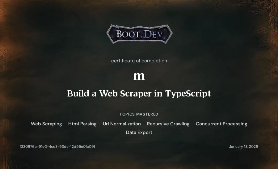 m's Boot.dev Build a Web Scraper in TypeScript certificate
