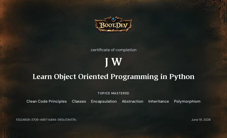 J W's Boot.dev Learn Object Oriented Programming in Python certificate