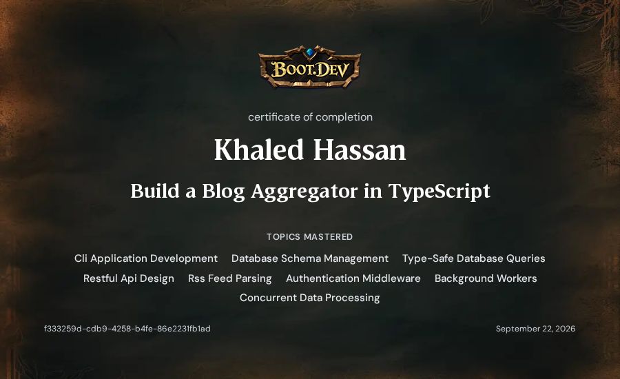 Khaled Hassan's Boot.dev Build a Blog Aggregator in TypeScript certificate