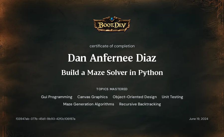 Dan Anfernee Diaz's Boot.dev Build a Maze Solver in Python certificate