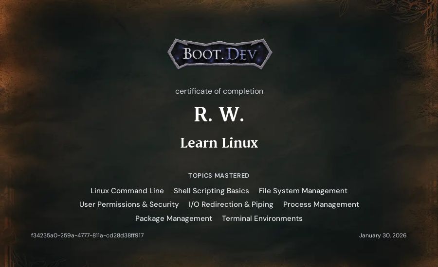 R. W.'s Boot.dev Learn Linux certificate
