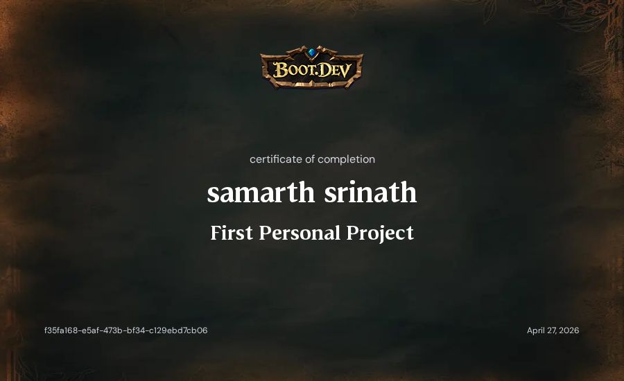 samarth srinath's Boot.dev First Personal Project certificate