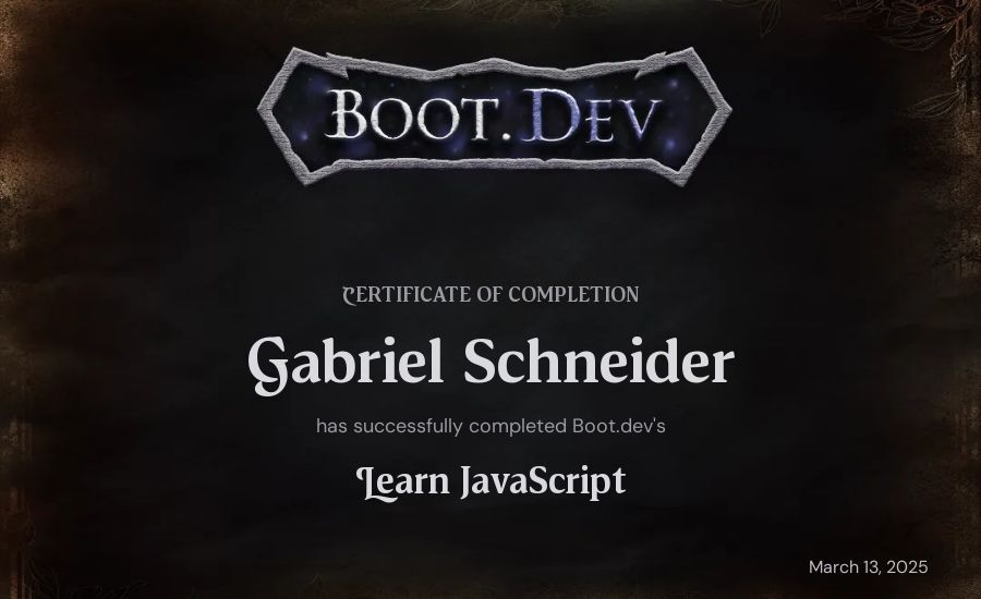 Gabriel Schneider's Boot.dev Learn JavaScript certificate