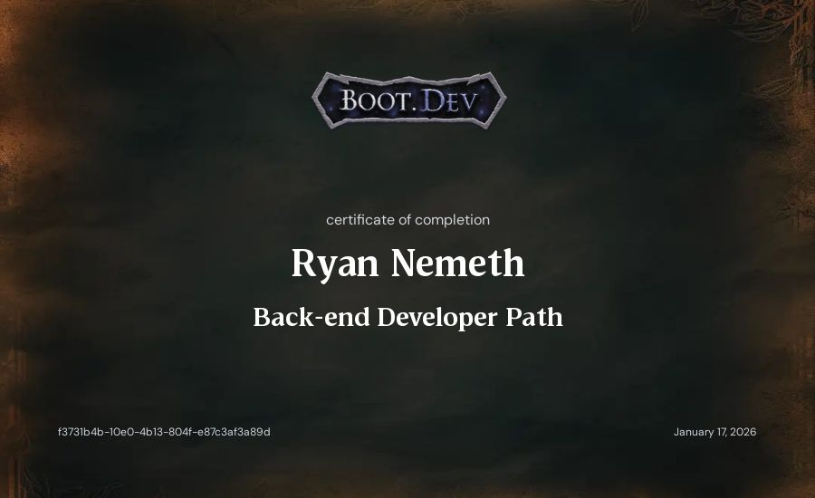 Ryan Nemeth's Boot.dev Backend Developer Path certificate