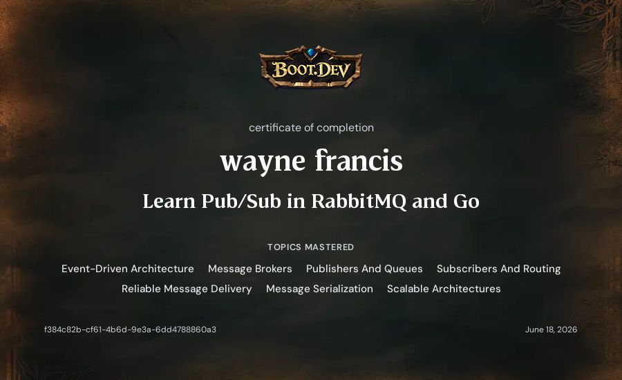 wayne francis's Boot.dev Learn Pub/Sub in RabbitMQ and Go certificate