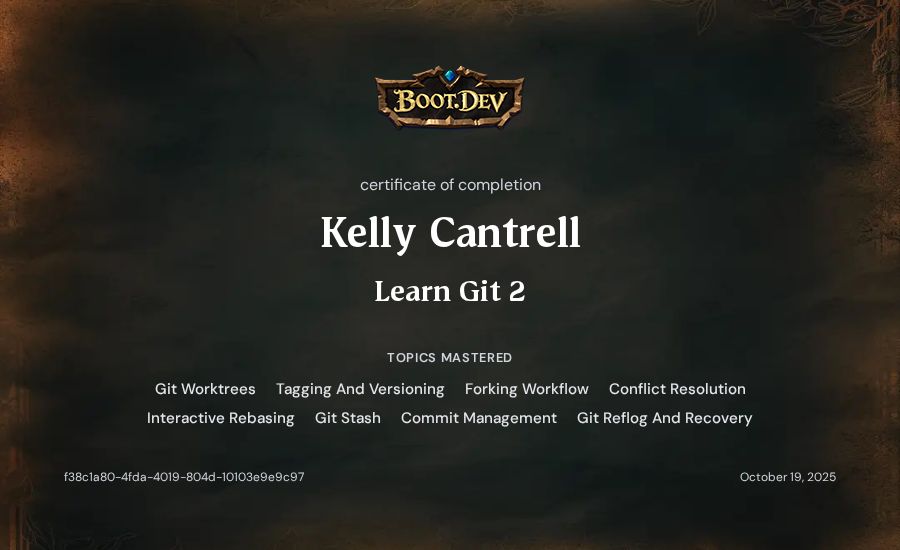 Kelly Cantrell's Boot.dev Learn Git 2 certificate