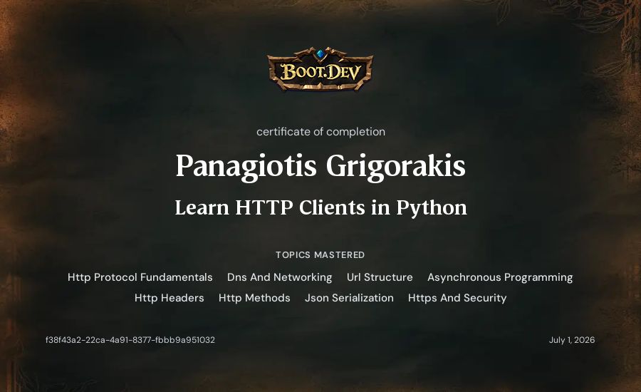 Panagiotis Grigorakis's Boot.dev Learn HTTP Clients in Python certificate