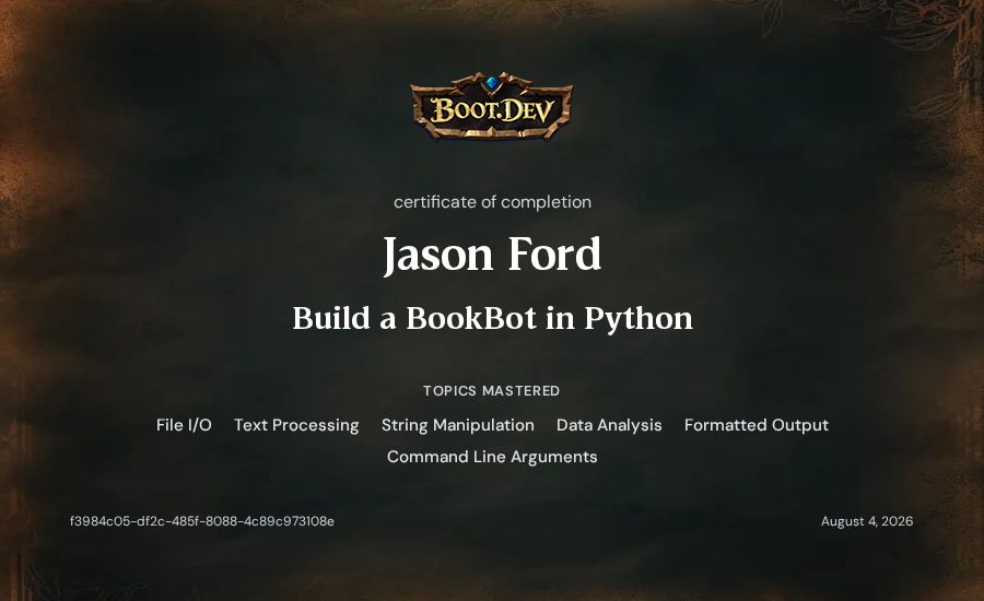Jason Ford's Boot.dev Build a BookBot in Python certificate