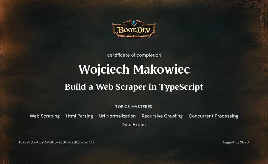Wojciech Makowiec's Boot.dev Build a Web Scraper in TypeScript certificate
