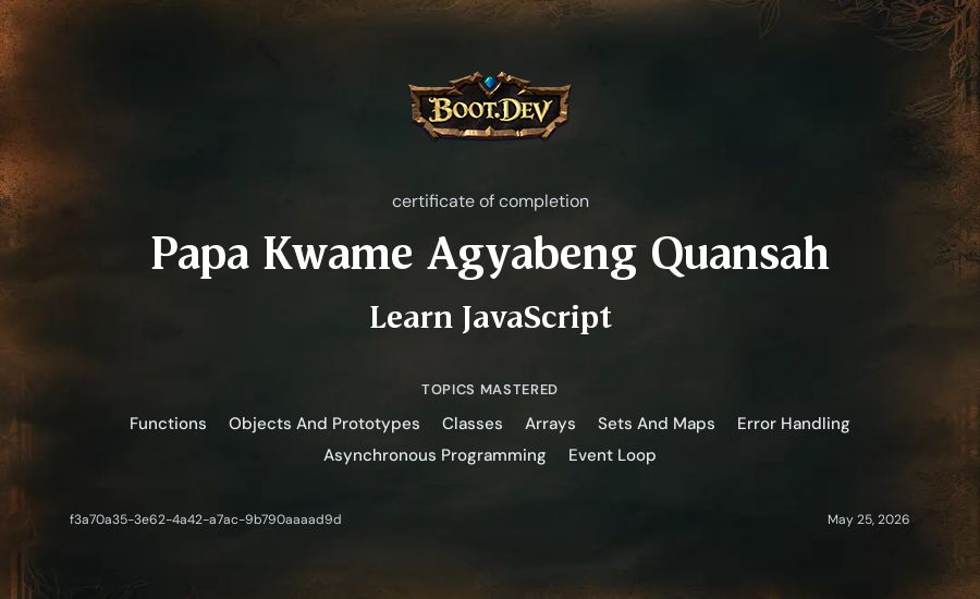Papa Kwame Agyabeng Quansah's Boot.dev Learn JavaScript certificate