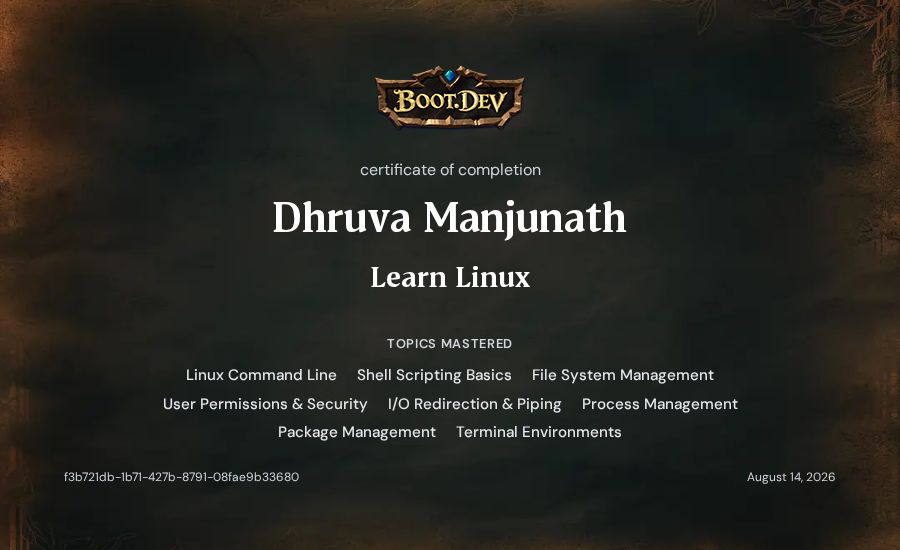 Dhruva Manjunath's Boot.dev Learn Linux certificate